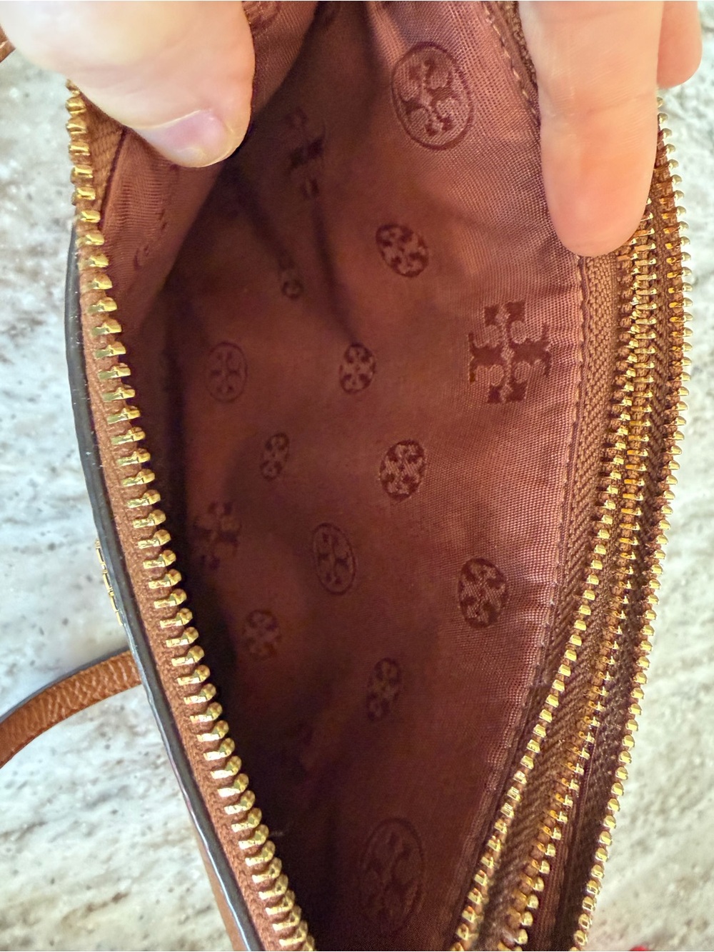 Tory Burch Brown Pebbled Leather Double-Zip Crossbody with Gold Hardware - Picture 4 of 8